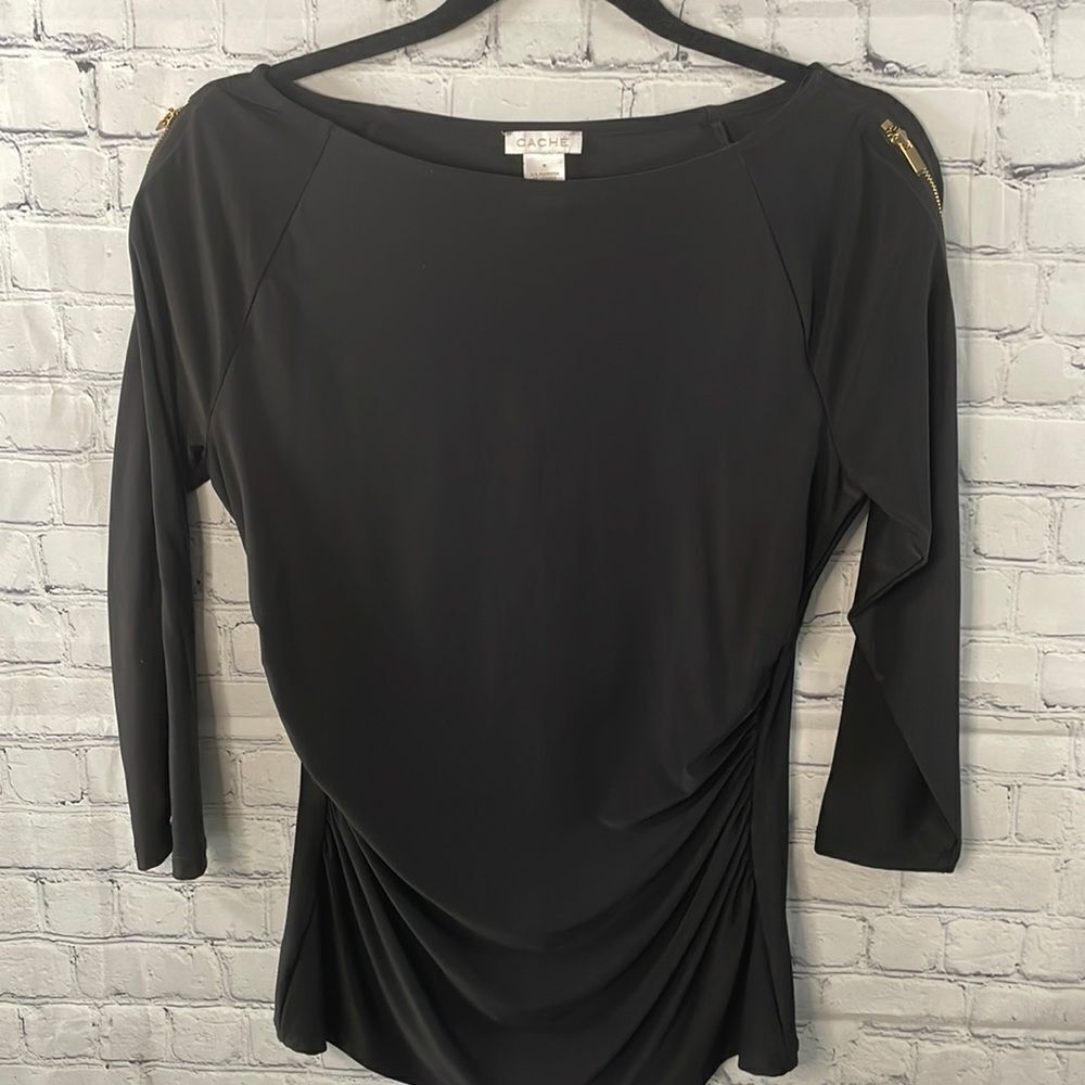 🌟✨ Cache Black Dressy Top - Size Medium - Gold Zippers on Sleeves
